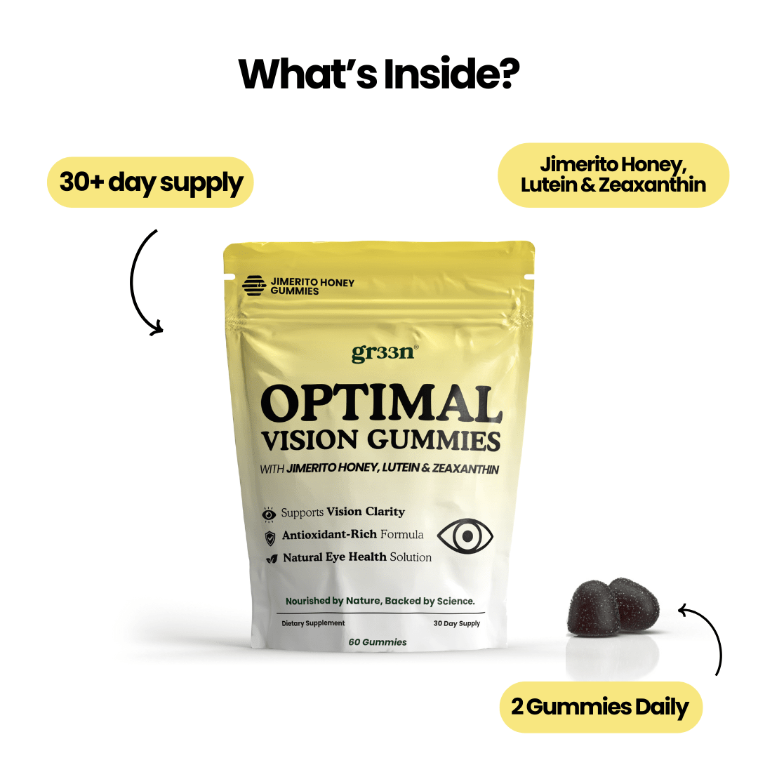 Bag of Optimal Vision Gummies with two gummies beside it.